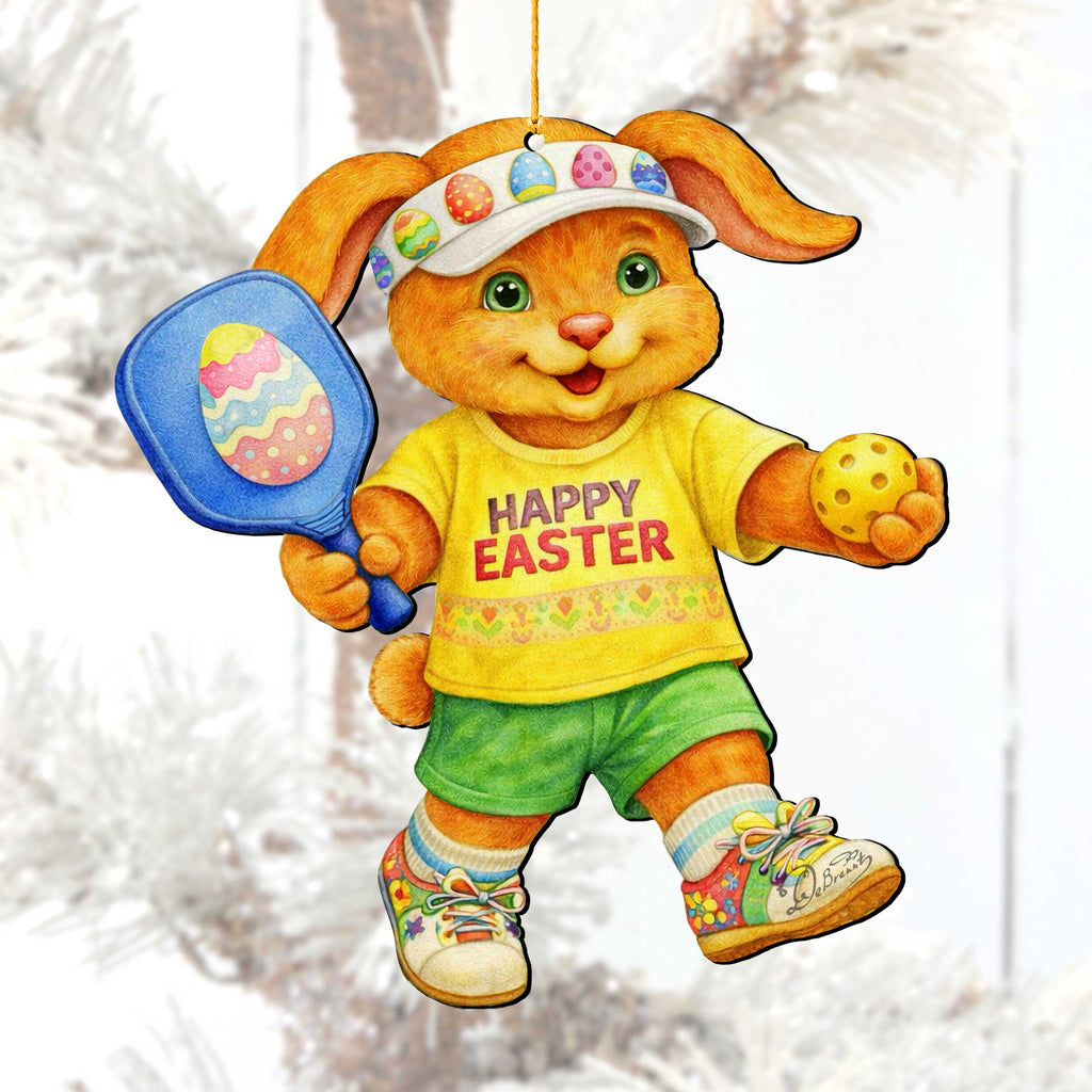 Pickleball Bunny Boy Wooden Ornament – Spring Bunny Decoration – Handcrafted Wooden Easter Décor by G. Debrekht - 8652871