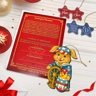 Patriotic Sailor Bunny Wooden Ornament – Easter Bunny Decoration – Handcrafted Wooden Easter Décor by G. Debrekht - 8652872