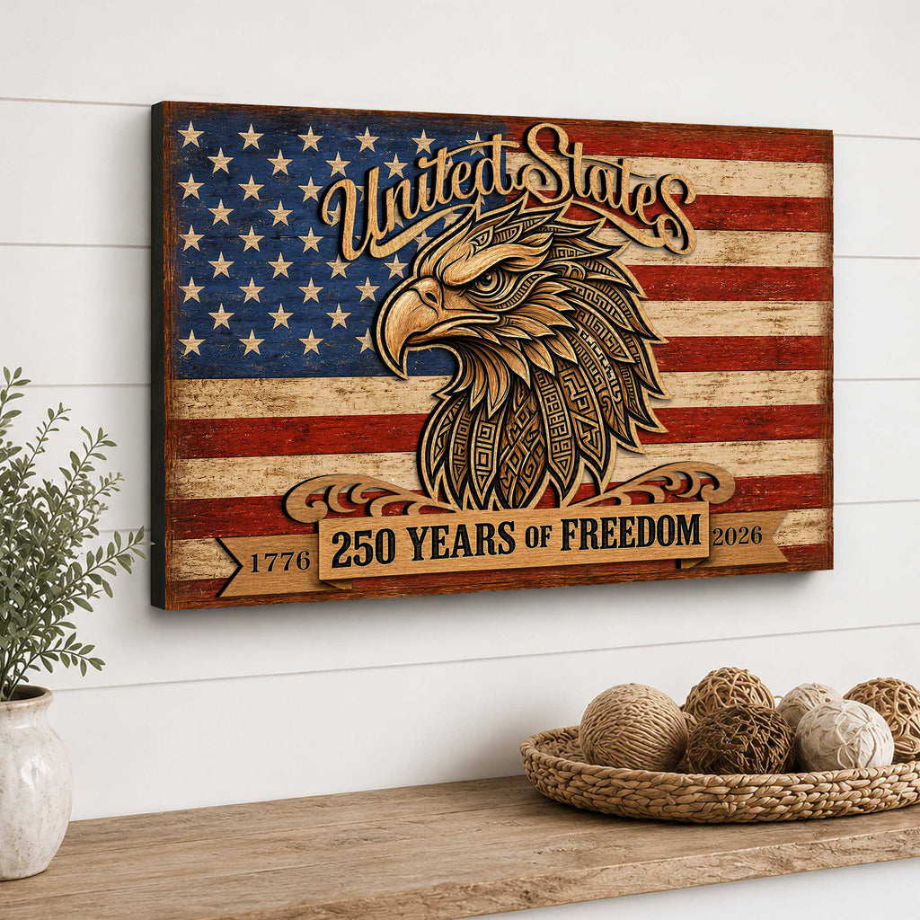 a wooden sign with an eagle and the American flag, celebrating the 250th anniversary of the United States.