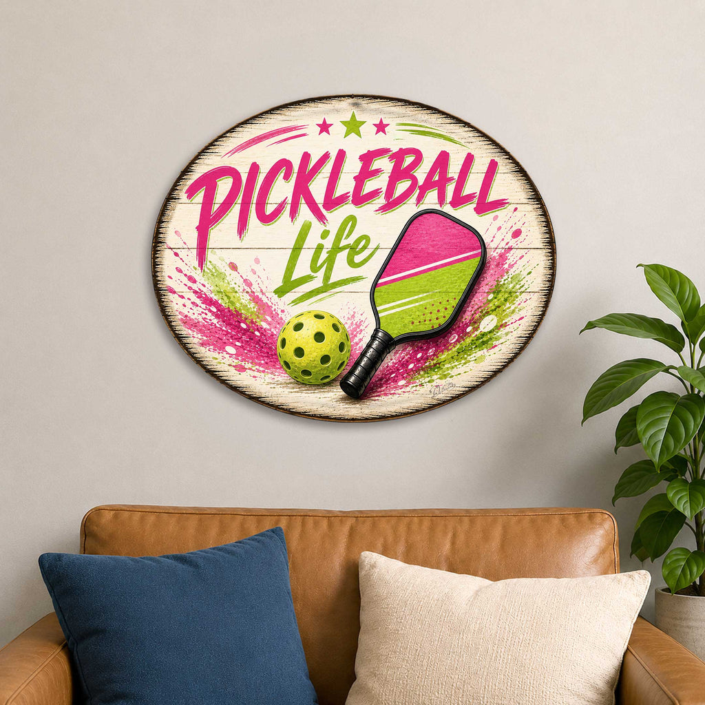 Pickleball Life Wall Decor – Rustic Pickleball Sports Sign – 19x19 Round Wall Art by G. Debrekht - 8652880H