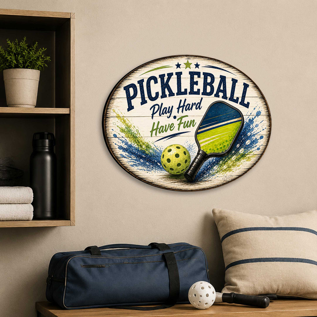 Pickleball Play Hard Have Fun Wall Decor – Rustic Pickleball Sports Sign – 19x19 Round Wall Art by G. Debrekht - 8652881H