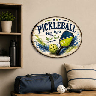 Pickleball Play Hard Have Fun Wall Decor – Rustic Pickleball Sports Sign – 19x19 Round Wall Art by G. Debrekht - 8652881H