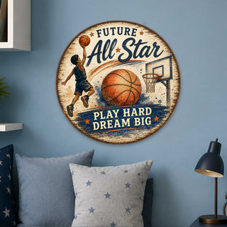 Future All-Star Basketball Wall Decor – Rustic Basketball Sports Sign – 19x19 Round Wall Art by G.Debrekht - 8652885H