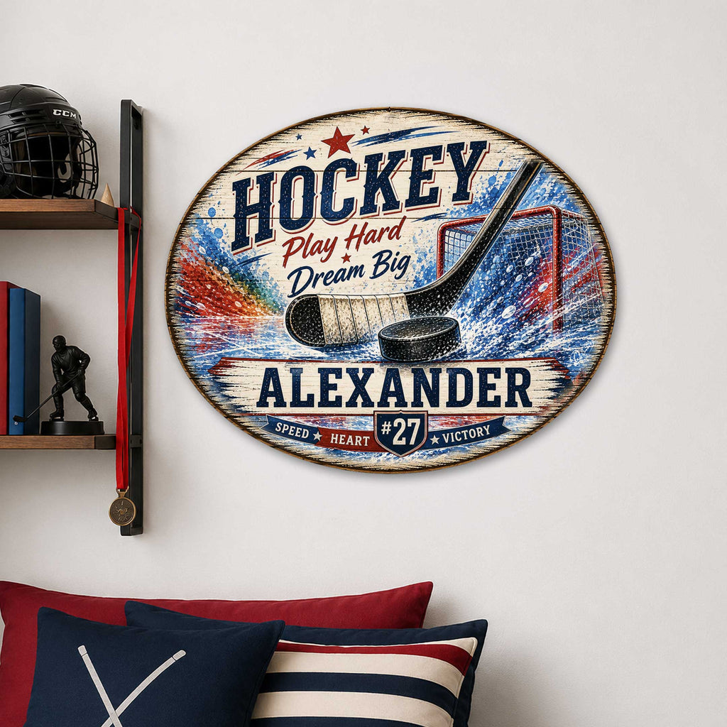 Personalized Hockey Wall Decor – Custom Hockey Name Sign – 19x19 Round Sports Wall Art by G. Debrekht - 8652886H