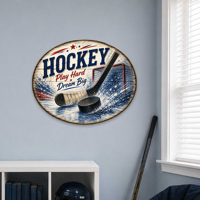 Hockey Play Hard Dream Big Wall Decor – Rustic Hockey Sports Sign – 19x19 Round Wall Art by G. Debrekht - 8652887H