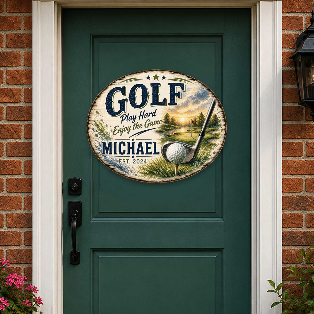 Personalized Golf Door Hanger – Custom Golf Name Sign – 19x19 Round Golf Wall Decor by G. Debrekht - 8652888H