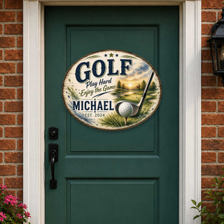 Personalized Golf Door Hanger – Custom Golf Name Sign – 19x19 Round Golf Wall Decor by G. Debrekht - 8652888H