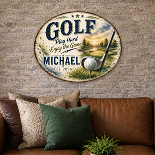 Personalized Golf Door Hanger – Custom Golf Name Sign – 19x19 Round Golf Wall Decor by G. Debrekht - 8652888H