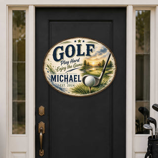 Personalized Golf Door Hanger – Custom Golf Name Sign – 19x19 Round Golf Wall Decor by G. Debrekht - 8652888H