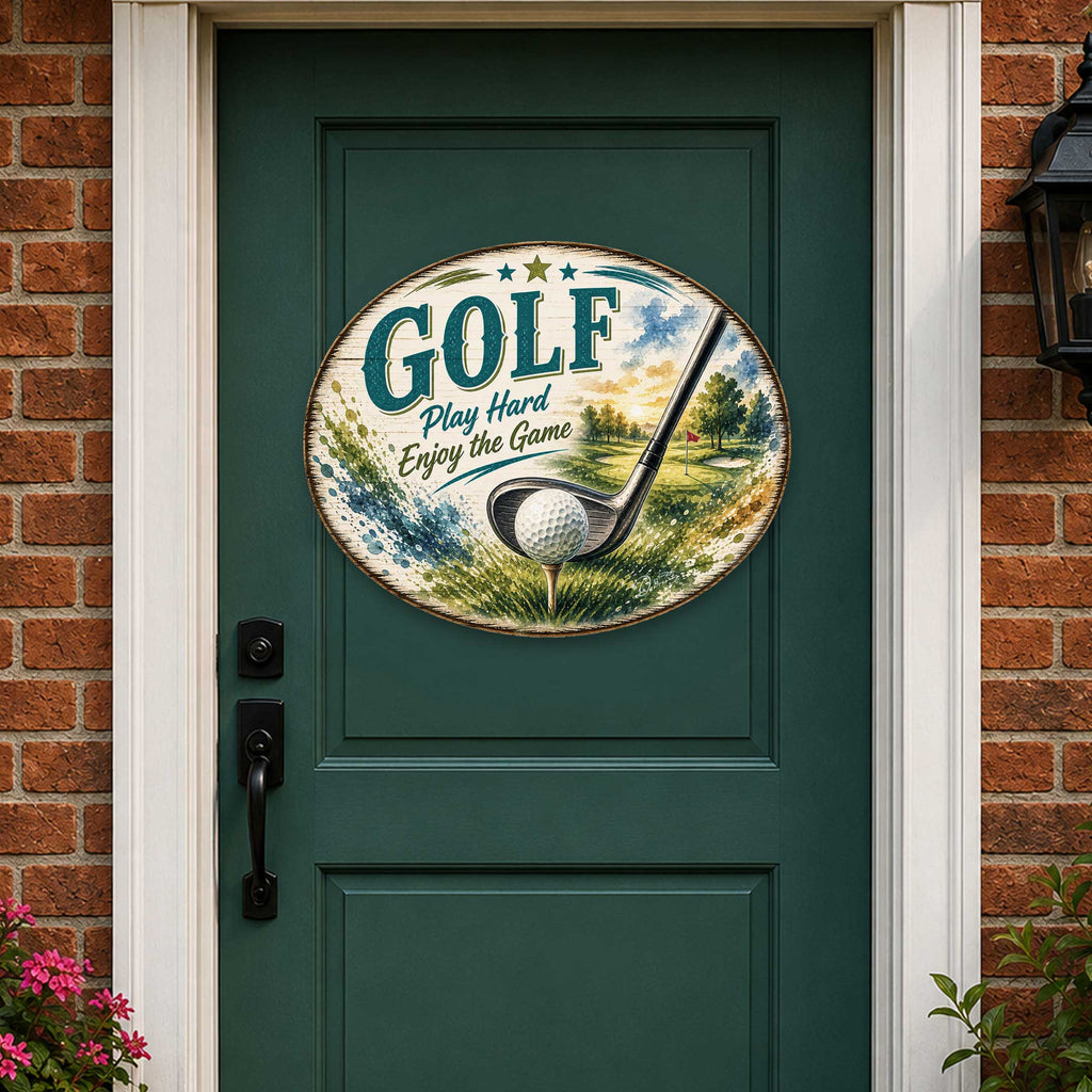 Golf Play Hard Enjoy the Game Door Hanger – Rustic Golf Wall Decor – 19x19 Round Sports Sign by G. Debrekht - 8652889H