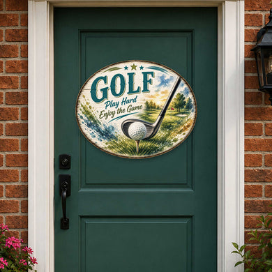 Golf Play Hard Enjoy the Game Door Hanger – Rustic Golf Wall Decor – 19x19 Round Sports Sign by G. Debrekht - 8652889H