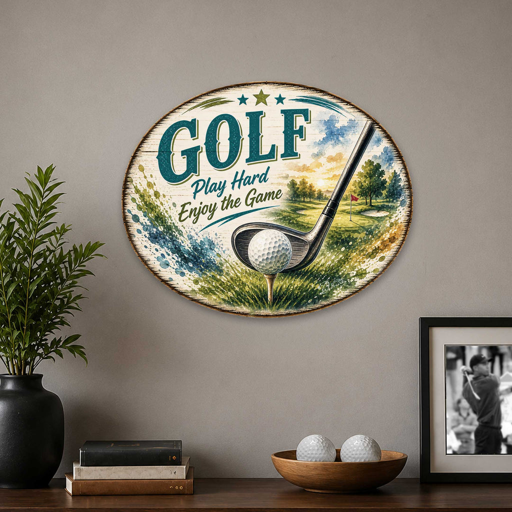 Golf Play Hard Enjoy the Game Door Hanger – Rustic Golf Wall Decor – 19x19 Round Sports Sign by G. Debrekht - 8652889H