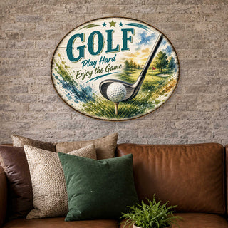 Golf Play Hard Enjoy the Game Door Hanger – Rustic Golf Wall Decor – 19x19 Round Sports Sign by G. Debrekht - 8652889H