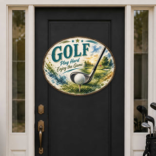 Golf Play Hard Enjoy the Game Door Hanger – Rustic Golf Wall Decor – 19x19 Round Sports Sign by G. Debrekht - 8652889H