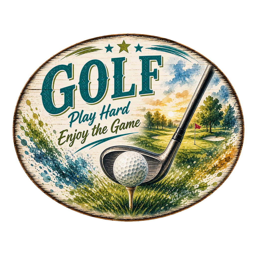 Golf Play Hard Enjoy the Game Door Hanger – Rustic Golf Wall Decor – 19x19 Round Sports Sign by G. Debrekht - 8652889H