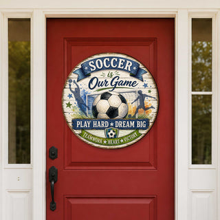 Soccer Is Our Game Wall Decor – Rustic Soccer Sports Sign – 19x19 Round Wall Art by G. Debrekht - 8652891H