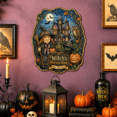 Witch’s Potion Shop Halloween Wooden Door Hanger – Handcrafted Wooden Fall Door Décor by G. Debrekht - 8652892
