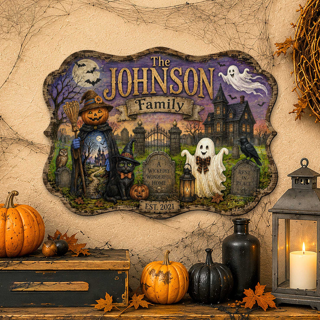 Personalized Halloween Family Wooden Door Hanger – Handcrafted Wooden Fall Door Décor by G. Debrekht - 8652893H