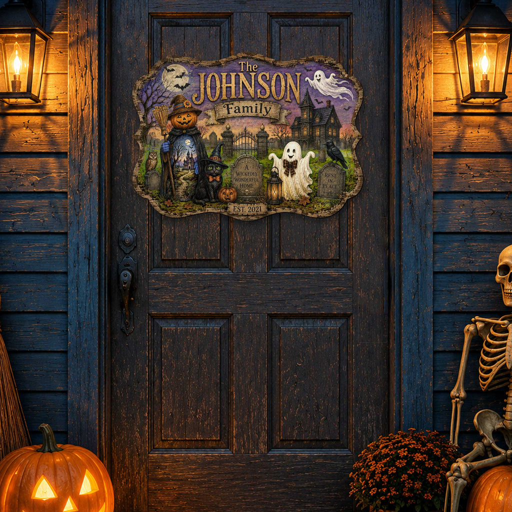 Personalized Halloween Family Wooden Door Hanger – Handcrafted Wooden Fall Door Décor by G. Debrekht - 8652893H