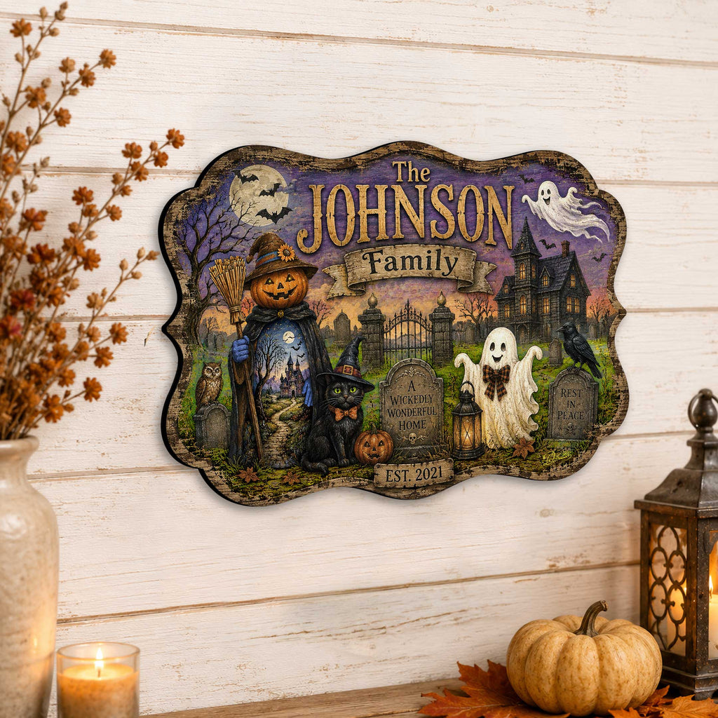 Personalized Halloween Family Wooden Door Hanger – Handcrafted Wooden Fall Door Décor by G. Debrekht - 8652893H