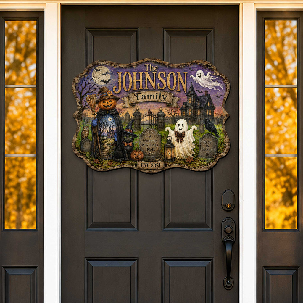 Personalized Halloween Family Wooden Door Hanger – Handcrafted Wooden Fall Door Décor by G. Debrekht - 8652893H