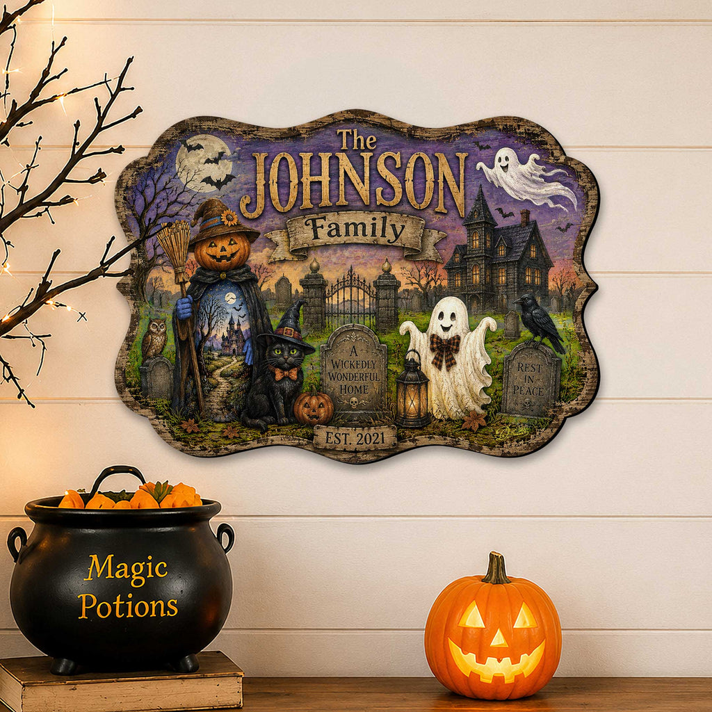 Personalized Halloween Family Wooden Door Hanger – Handcrafted Wooden Fall Door Décor by G. Debrekht - 8652893H