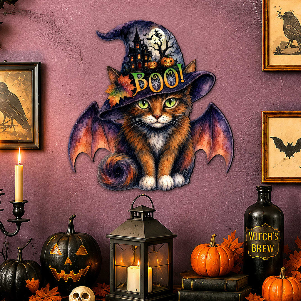 Boo Cat Halloween Wooden Door Hanger – Handcrafted Wooden Fall Door Décor by G. Debrekht - 8652895H