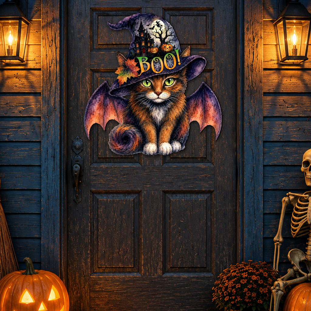 Boo Cat Halloween Wooden Door Hanger – Handcrafted Wooden Fall Door Décor by G. Debrekht - 8652895H