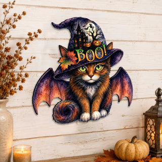 Boo Cat Halloween Wooden Door Hanger – Handcrafted Wooden Fall Door Décor by G. Debrekht - 8652895H