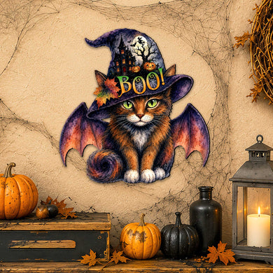Boo Cat Halloween Wooden Door Hanger – Handcrafted Wooden Fall Door Décor by G. Debrekht - 8652895H