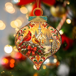 Christmas Cardinals Church Wooden Ornament – Winter Cardinal Holiday Décor by G. Debrekht – 8652902