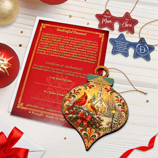 Christmas Cardinals Church Wooden Ornament – Winter Cardinal Holiday Décor by G. Debrekht – 8652902