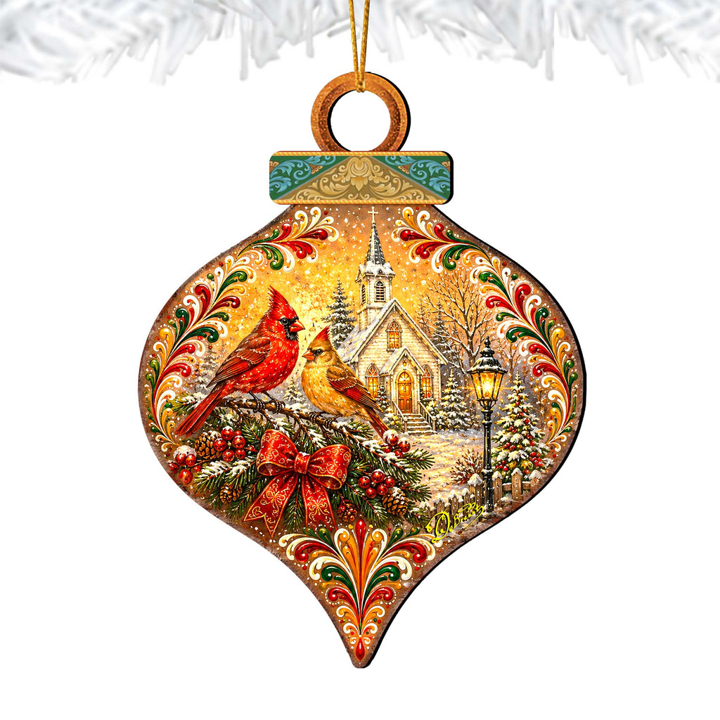Christmas Cardinals Church Wooden Ornament – Winter Cardinal Holiday Décor by G. Debrekht – 8652902