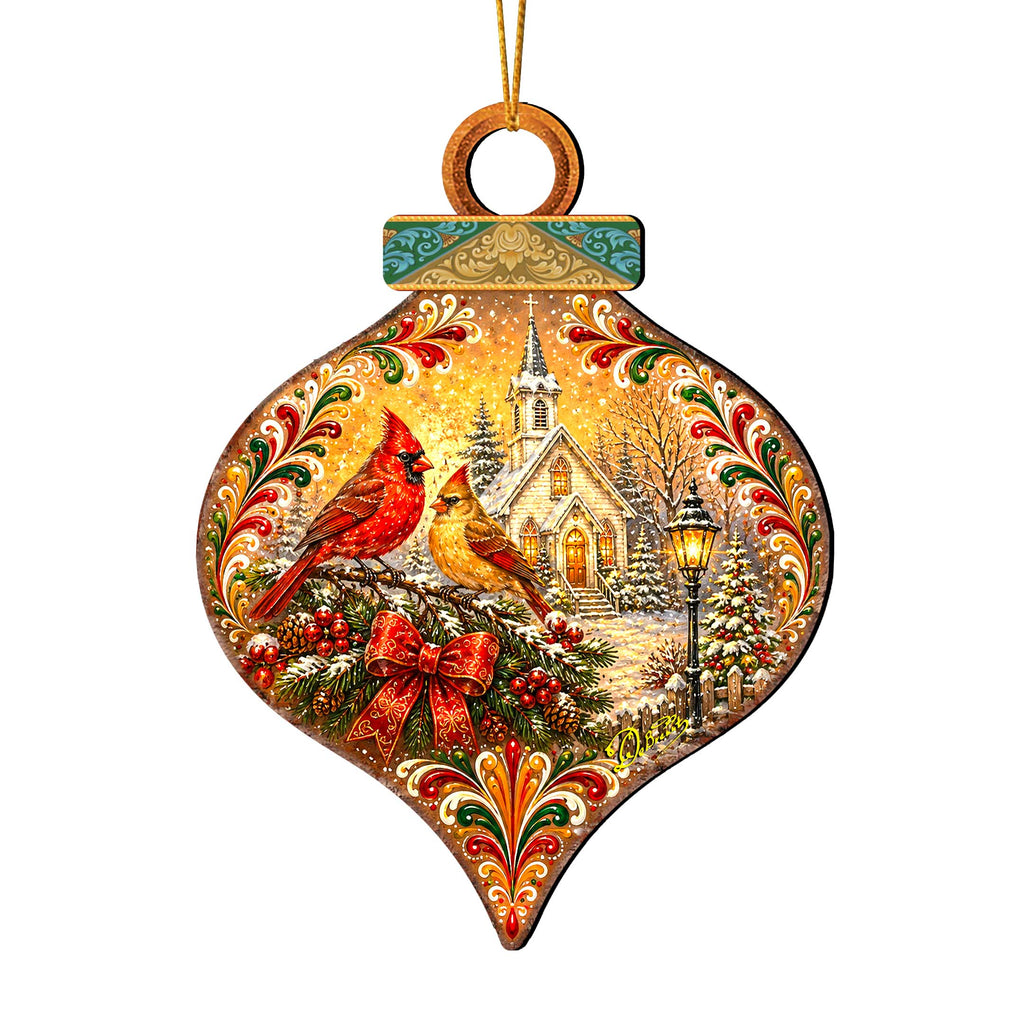 Christmas Cardinals Church Wooden Ornament – Winter Cardinal Holiday Décor by G. Debrekht – 8652902