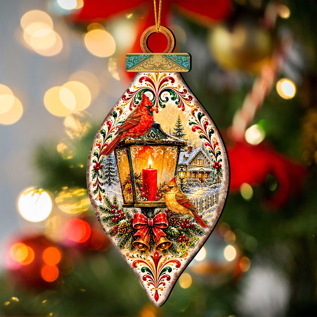 Christmas Cardinals Lantern Wooden Ornament – Winter Cardinal Holiday Décor by G. Debrekht – 8652903