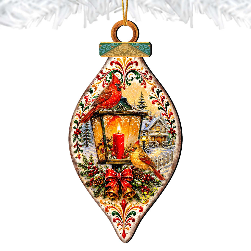 Christmas Cardinals Lantern Wooden Ornament – Winter Cardinal Holiday Décor by G. Debrekht – 8652903