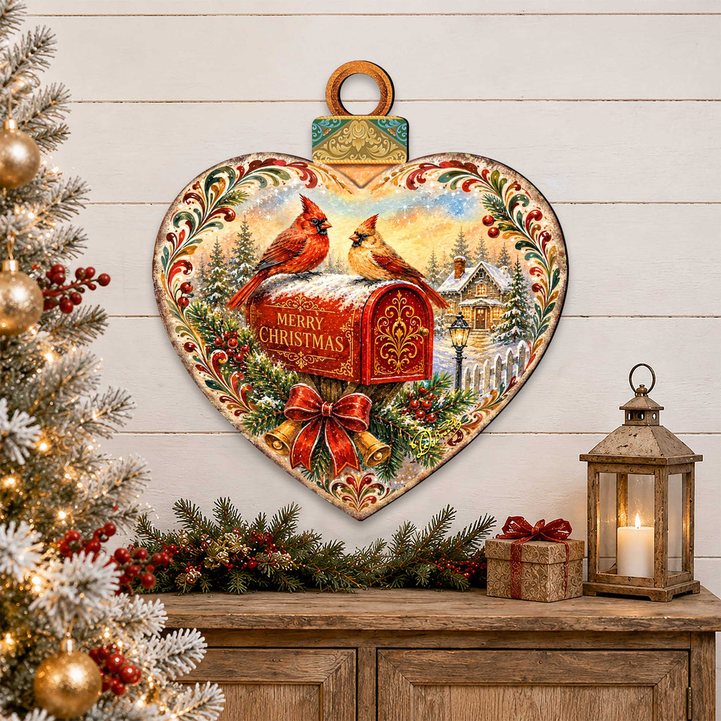 Merry Christmas Cardinals Heart Wooden Door Hanger – Christmas Mailbox Holiday Décor – 8652904H