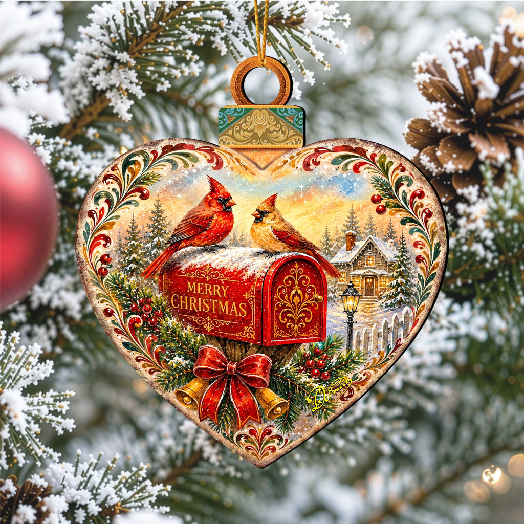 Merry Christmas Cardinals Mailbox Wooden Ornament – Heart-Shaped Holiday Décor by G. Debrekht – 8652904