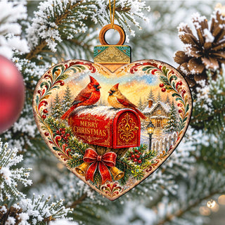 Merry Christmas Cardinals Mailbox Wooden Ornament – Heart-Shaped Holiday Décor by G. Debrekht – 8652904