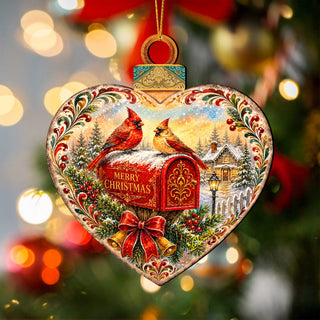 Merry Christmas Cardinals Mailbox Wooden Ornament – Heart-Shaped Holiday Décor by G. Debrekht – 8652904