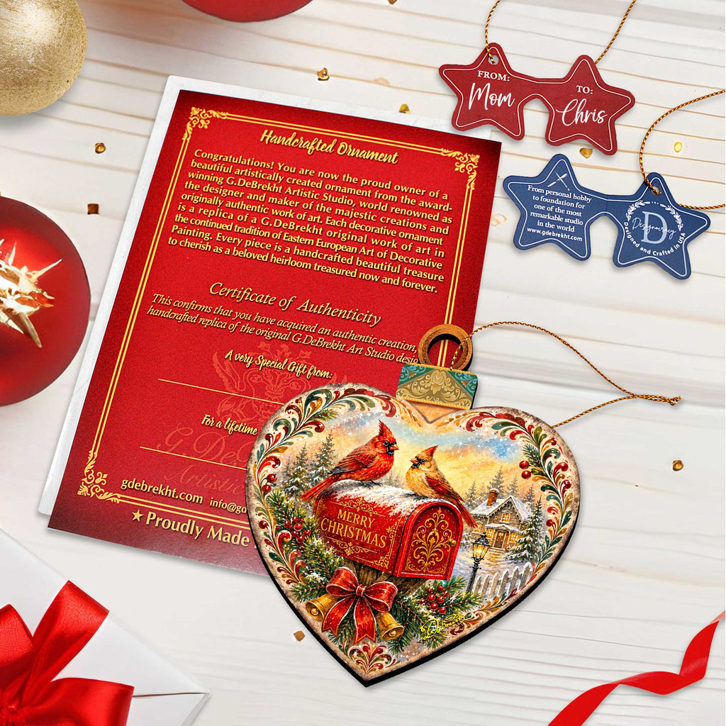 Merry Christmas Cardinals Mailbox Wooden Ornament – Heart-Shaped Holiday Décor by G. Debrekht – 8652904