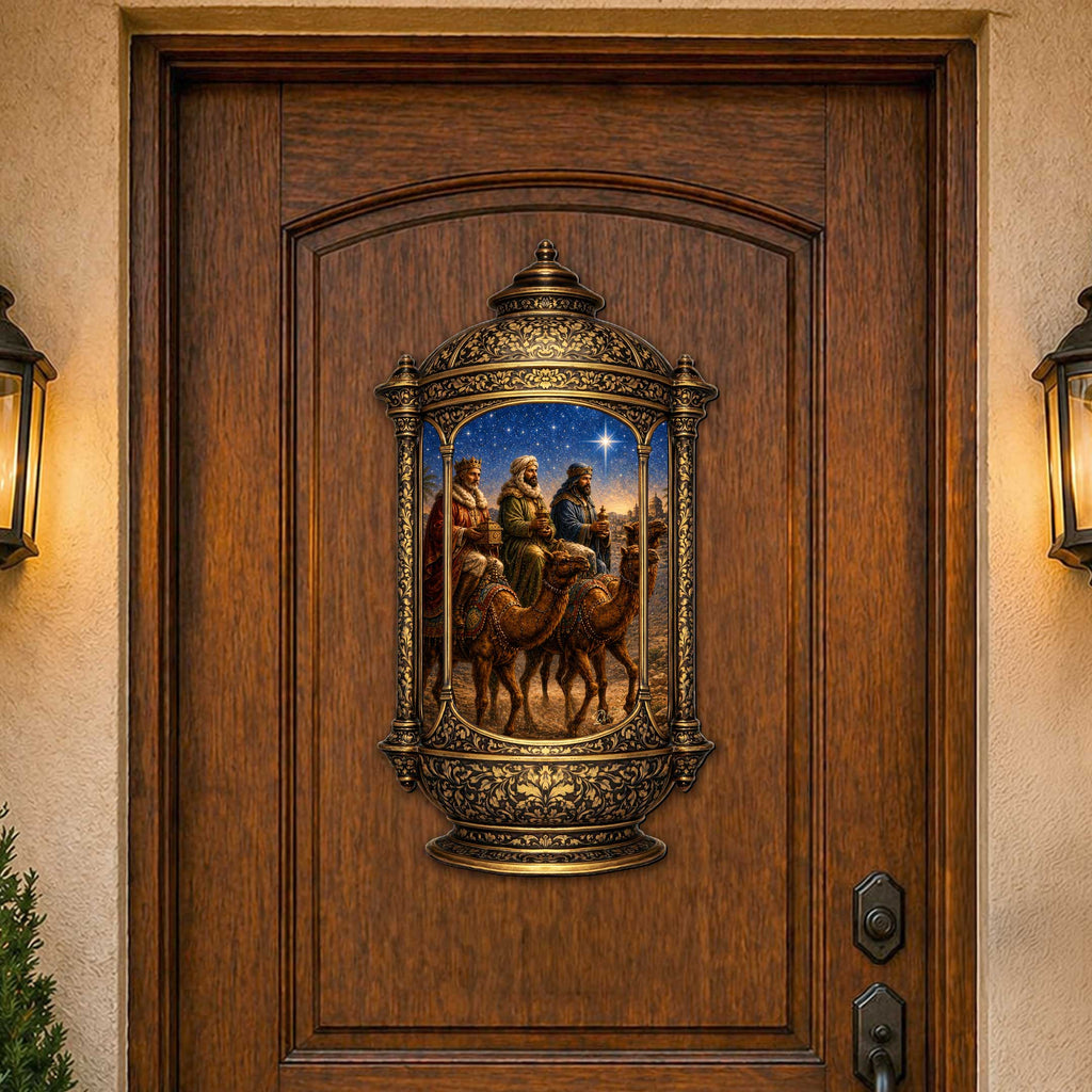 Three Wise Men Nativity Christmas Wooden Door Hanger – Ornate Lantern Holiday Door Décor by G. DeBrekht – 8652906H
