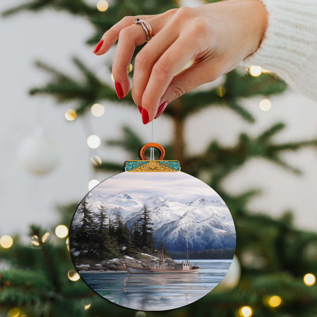 Fishing Boat in Alaska's Mountains Wooden Ornaments by G.Debrekht - Wildlife Holiday Decor - 870068