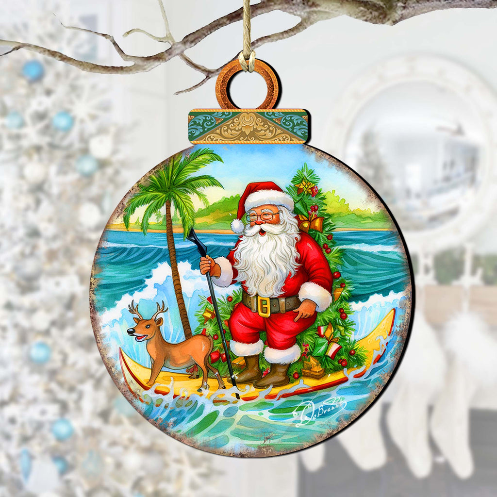Nautical Christmas Décor - Santa on the Surfboard Wooden Ornaments by G. Debrekht Coastal Holiday Décor - 8688185
