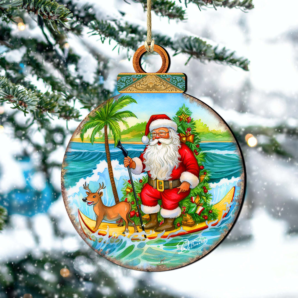 Nautical Christmas Décor - Santa on the Surfboard Wooden Ornaments by G. Debrekht Coastal Holiday Décor - 8688185