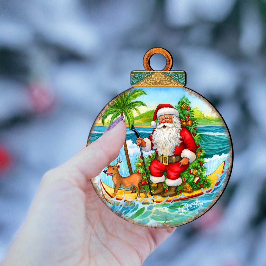 Nautical Christmas Décor - Santa on the Surfboard Wooden Ornaments by G. Debrekht Coastal Holiday Décor - 8688185