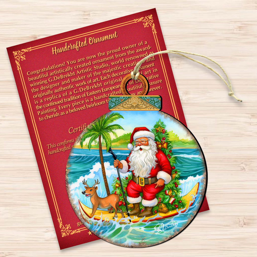 Nautical Christmas Décor - Santa on the Surfboard Wooden Ornaments by G. Debrekht Coastal Holiday Décor - 8688185