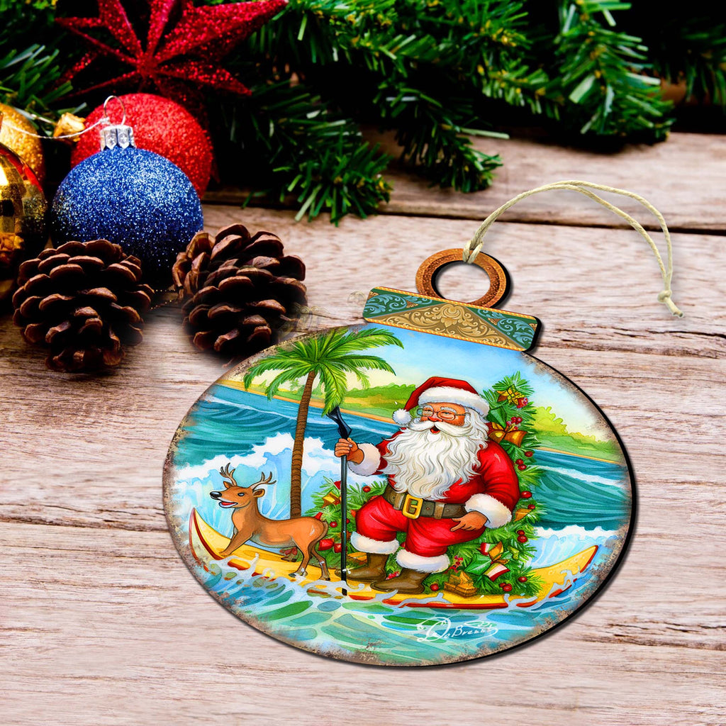 Nautical Christmas Décor - Santa on the Surfboard Wooden Ornaments by G. Debrekht Coastal Holiday Décor - 8688185