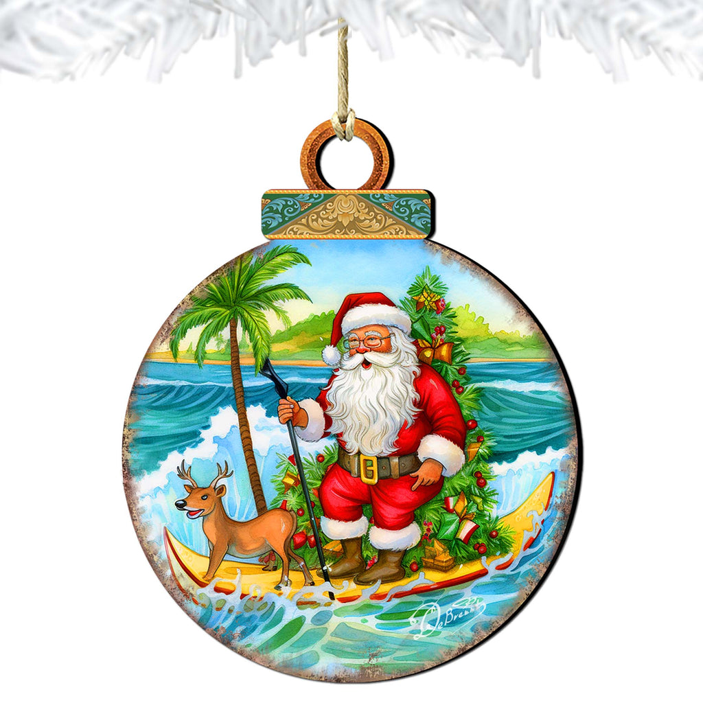 Nautical Christmas Décor - Santa on the Surfboard Wooden Ornaments by G. Debrekht Coastal Holiday Décor - 8688185
