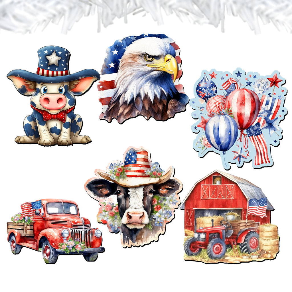 American flag Clip-On Eco Wood Decorative Ornaments Set of 6 by G. Debrekht - Patriotic Decor - 8090002C-S6